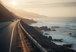 Driving towards sunset on big sur coastline generated by artificial intelligence