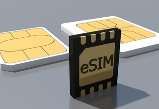 eSIM card standing on old generation SIM card. New mobile communication technology 5G network. Evolution of SIM cards. 3D rendering.