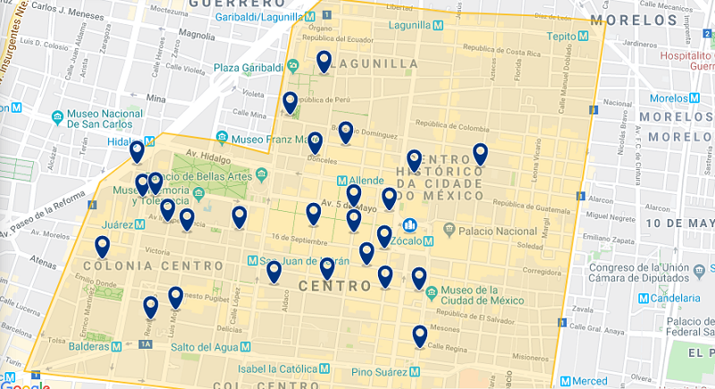 Mapa das melhores regiões para ficar na Cidade do México