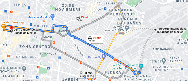 Mapa do trajeto do Aeroporto da Cidade do México até o centro