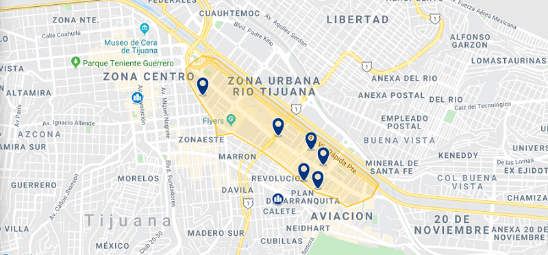 Mapa de la mejor zona con hoteles en Tijuana: Zona Rio