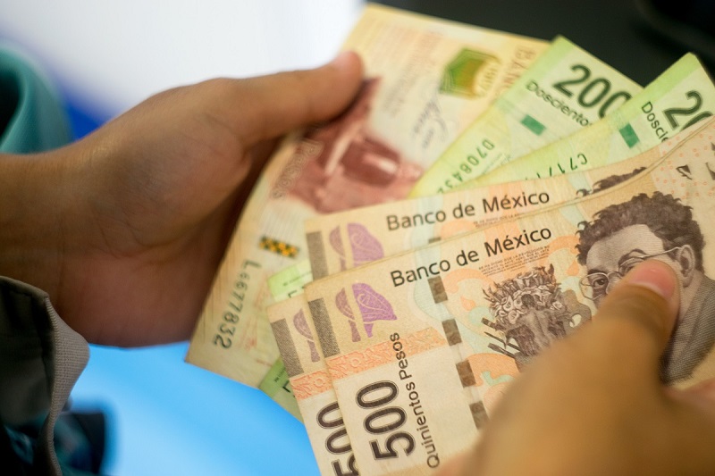 Persona contando pesos mexicanos