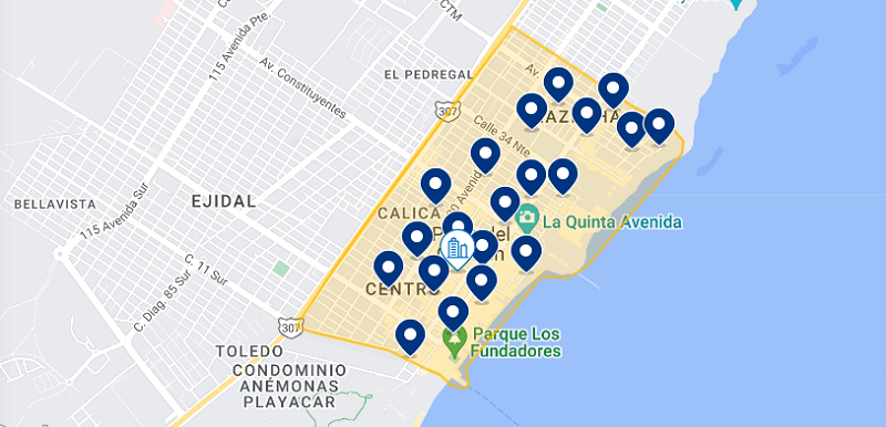 Mapa de hotéis no centro em Playa del Carmen