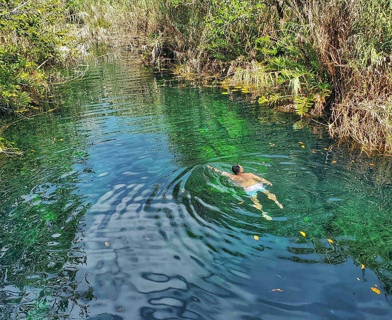 Turista nadando no Cenote Escondido em Tulum
