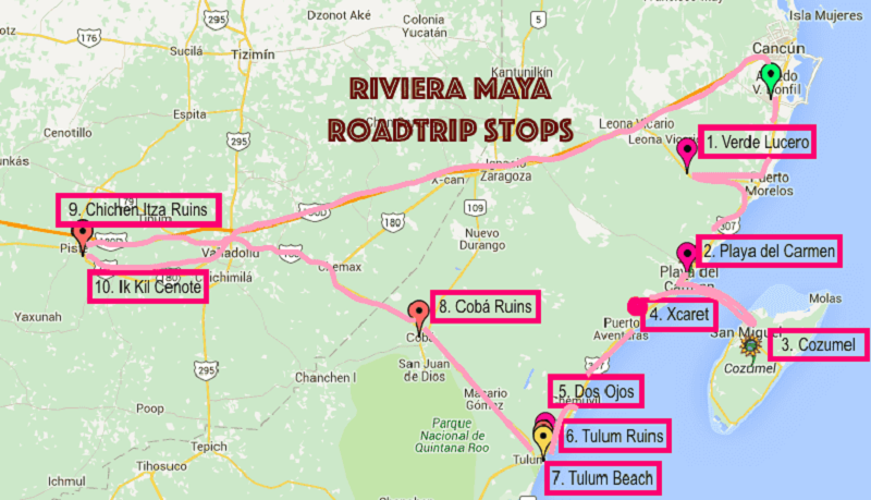 Mapa - Principais passeios do México